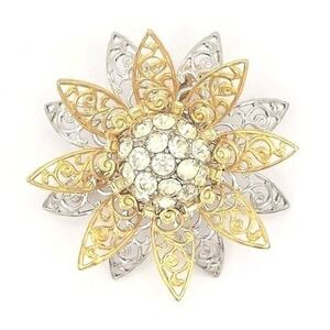 Two Tone Filigree Crystal Flower Brooch Pin Gold Silver Tone Statement